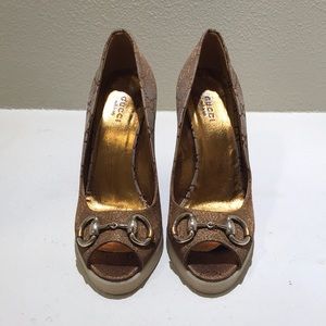 Gucci Monogram Peep Toe Wedges